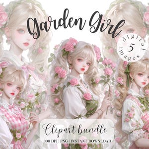Romantisches Mädchen mit Blumen Clipart Bundle Aquarell Pastell Rosen in Vase Clipart Collage Kit Rose Digital Stocker Anime Girl Cute Vintage