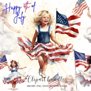 4 de julio Clipart Acuarela Niña con Bandera Americana Clipart Patriótico Niña Retro Png Acuarela Niña Clipart Bandera de EE. UU. Png EE. UU. Png
