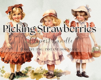 Vintage Girl picking strawberries  Clipart Bundle | Vintage girl Digital Image | Junk Journal | Sublimation Art | Vintage Clipart |