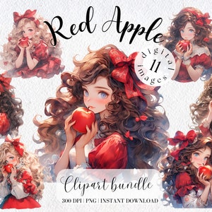 Prinzessin mit Apfel Clipart Bundle Anime Girl Illustration Süßes Mädchen Digital Download Kinderzimmer Sublimation Design Scrapbooking Collage Kit