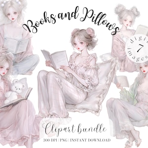 Romantic Girl with Book Clipart Bundle Cute girl with long hair Pastel Girl Anime Clipart Watercolor Illustration Digital Stickers PNG