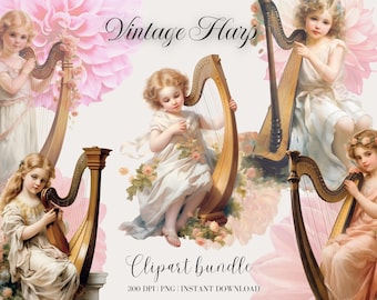 Vintage Harp Watercolor Clipart Bundle, Vintage Girl, Music Png, Vintage Music Digital Download, Scrapbooking, Clipart for Cardmaking