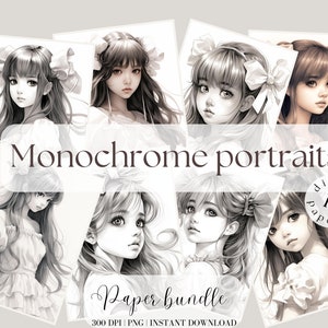 Digitales Papier Porträt auf Monochrome Mädchen Aquarell Mädchen Anime Girl Junkjournal Digitale Aufkleber Anime Stil