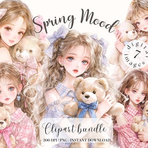 Kleines Mädchen mit Teddybär Rosa Kleid Clipart Bundle Niedliche Vintage Rüschen Socken Niedliches Mädchen Kinderzimmer Clipart Collage Kit Digitale Aufkleber PNG