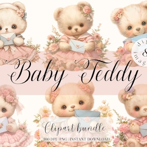 Teddybeer met envelop in bloemen clipartbundel aquarel beer clipart kwekerij digitale download vintage teddybeer Victoriaanse lente, png