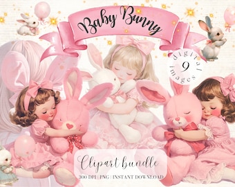 Girl with Stuffed Bunny Clipart Bundle Cute Vintage Bunny Clipart Cute Pink Bunny Clipart Collage Kit Digital Stickers Rabbit Girl Digital