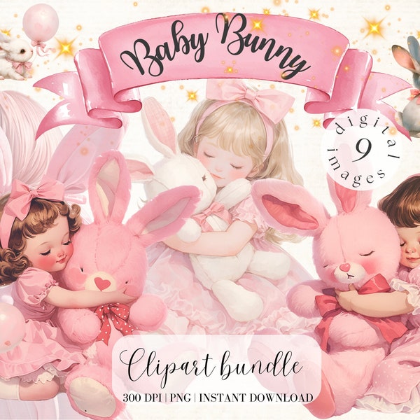 Girl with Stuffed Bunny Clipart Bundle Cute Vintage Bunny Clipart Cute Pink Bunny Clipart Collage Kit Digital Stickers Rabbit Girl Digital
