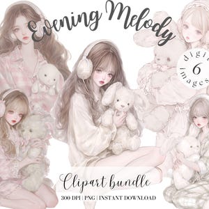 Pacote de clipart de menina romântica com coelho Menina fofa com cabelo longo Pastel Girl Anime Clipart Ilustração em aquarela Adesivos digitais PNG fofo