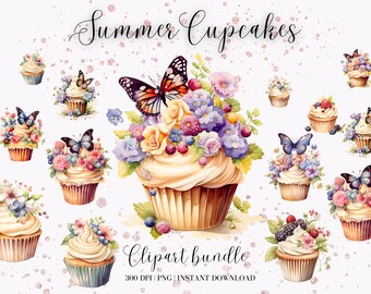 Floral Cupcake Clipart Watercolor Cupcake Clipart Bundle Cupcake PNG Watercolor Clipart Cupcake Sublimation design