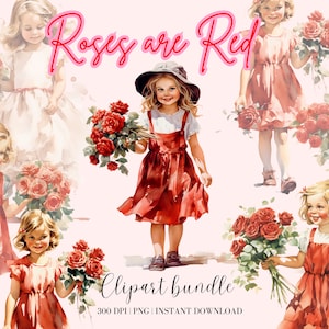 Pacote de clipart de garota retrô com rosas vermelhas Clipart de garota retrô Clipart de verão Garota retrô em vestido Fred Clipart vintage Retro PNG Rosas vermelhas