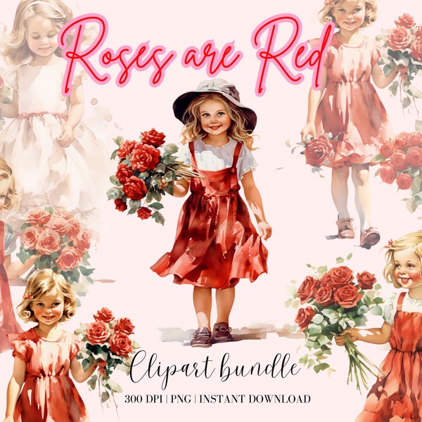 Retro Girl with Red Roses Clipart Bundle Retro girl Clipart Summer Clipart Retro Girl in Fred Dress Vintage Clipart Retro PNG Red Roses