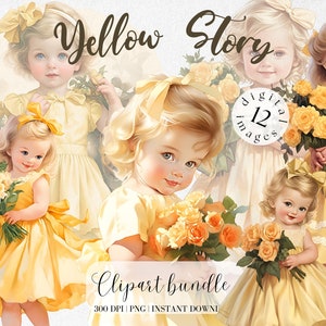 Bambina retrò in abito giallo Clipart ad acquerello Bundle Ragazza vintage in abito a quadri Clipart estiva Ragazza carina con fiori gialli