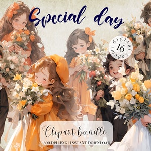 Kleiner Junge und Mädchen Illustration für Geschenk Kartendesign Mädchen und Junge mit Blumen für Sublimation Cute Kids Clipart Bundle Scrapbooking Png