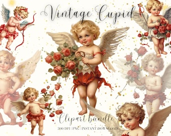 May include: Vintage clipart bundle of eight cherub angels with golden wings and red roses. The cherubs are depicted in various poses, some holding arrows, some holding roses, and some with their wings spread wide. The background is a white with gold glitter.