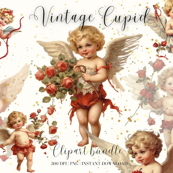 Vintage Cupid Clipart Bundle Valentines Day Png Love Clipart Vintage Ephemera Design Love Clipart Red Roses Junk Journal Hearts Clipart