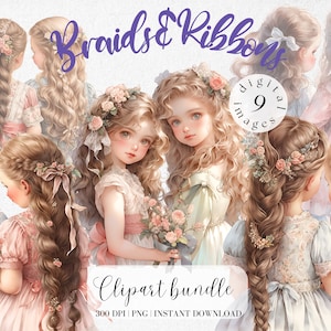 Twee kleine meisjes met vlecht en golvend haar Clipartbundel, uitzicht van achteren, mooi haar, schattige kleine meisjes, zuster clipart, scrapbooking