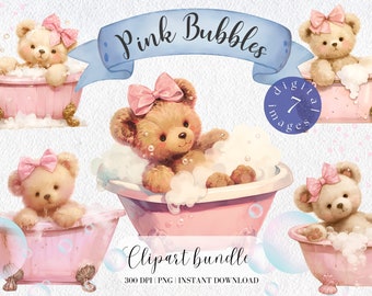 Teddy Bear in Vintage Bath Clipart Bundle Watercolor Bear Pink Nursery Digital Download Vintage Teddy Bear Victorian Bathroom Clipart