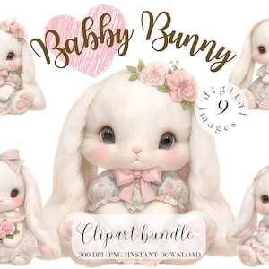 Süße Hase Clipart Bundle Baby Kaninchen Aquarell süß rosa Kinderzimmer Digitaler Download Vintage niedlicher Osterhase Badezimmer Clipart Baby PNG