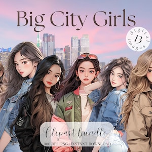 UrbanGirl in jas clipartbundel schattig meisje met lang haar Aziatisch meisje anime stijl clipart commercial gratis Illustartion digitale stickers