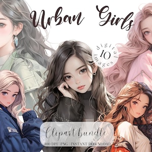 Paquete de imágenes prediseñadas de UrbanGirl con chaqueta Linda chica con cabello largo Chica asiática Estilo anime Imágenes prediseñadas Ilustración sin publicidad Pegatinas digitales