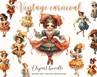 Vintage Carnival Clipart Bundle Girl in Vintage dress Png Cute Girl with Mask Clipart Nursery Clipart Retro Clipart Junk Journal Ephemera