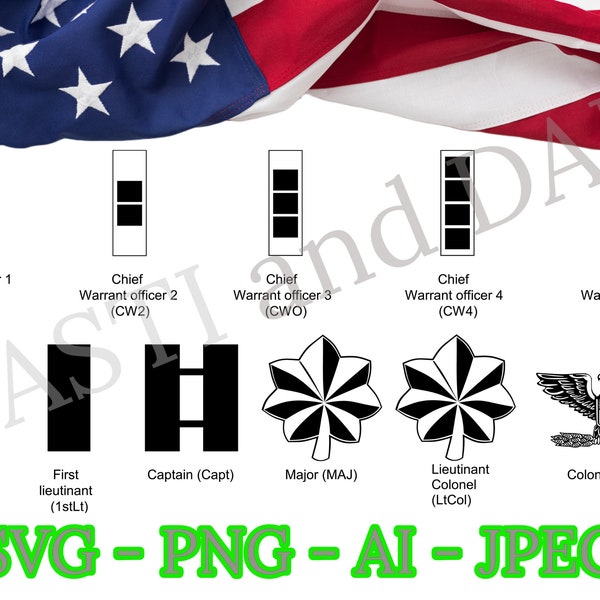 US Army Enlisted and Officer Ranks SVG, PNG, ai and jpeg, Warrant Officer, Nco ranks, Army Seal,