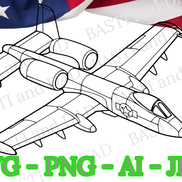 Fairchild Republic A-10 Thunderbolt II silhouet svg, Vector PNG, Flying Warthog, A-10 Thunderbolt II png, militaire vliegtuigen ai