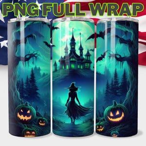 Halloween Witch Sublimation Tumbler, Halloween Pumpkins Digital Download, 20oz Skinny Tumbler Spooky Season, Bats Tumbler Wrap, Night PNG