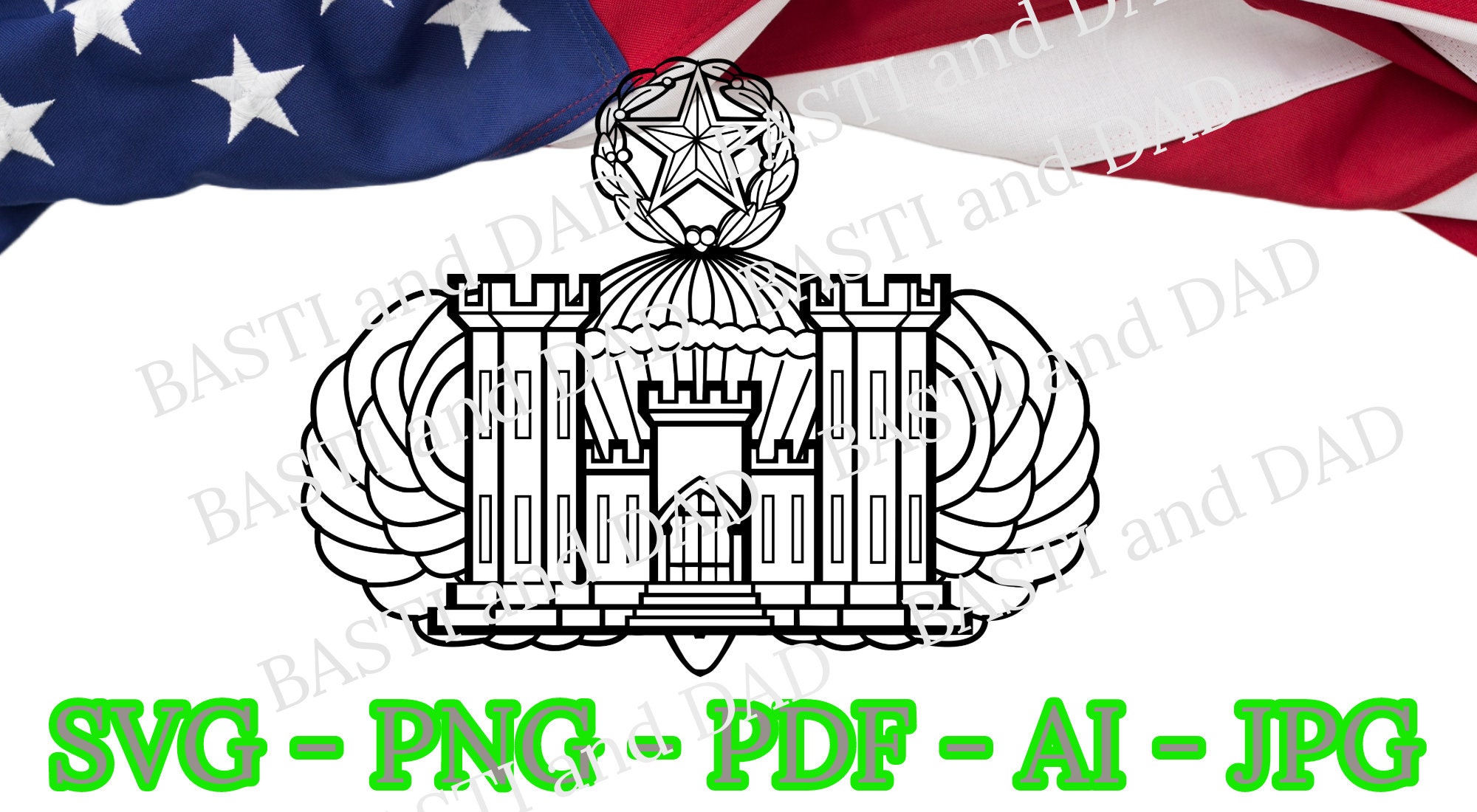 US Army Airborne Master Jump Wings with Engineer Castle SVG, PNG, ai and jpeg, Master Jump Wings, Airborne Ranger, Parachutist Badge