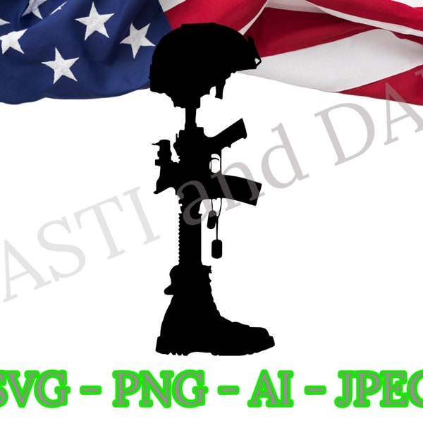 Battlefield cross SVG, PNG, jpg and Ai file, Fallen soldier Cross, Veteran and US Soldier svg files, cnc and Laser files.