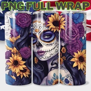 20 oz La Catrina Skinny Tumbler Wrap, Le jour des morts tournesols PNG sublimation, Dia de los Muertos Wrap, Jour des morts, téléchargement immédiat
