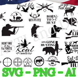 Pacote de caça, 28 arquivos de alta qualidade, Dog Hunting, Bow Hunting, png, svg, ai, Duck Hunter, Deer Rifle