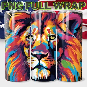 Bunter Löwe Tumbler Wrap, Tierschablone, schöner bunter Löwe 20 Unzen dünner Becher, Sublimations-Design, sofortiger digitaler Download PNG