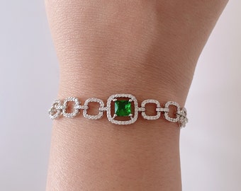 Emerald Delicate Bracelet for Women | Silver Plating Adjustable Dainty Bracelet with Cubic Zirconia Stones.