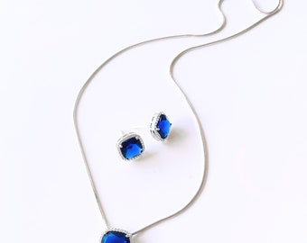 Blue Sapphire Necklace Set | Something Blue for Bride | Dainty Crystal Necklace and Earring set | Blue Pendant set for women.