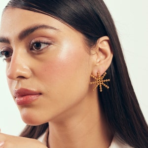 Gold Star stud earrings for her Flower Earrings Big stud earrings Statement earring 1st anniversary gift Beaded Studs. zdjęcie 3