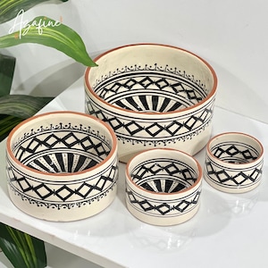 Juego de 4 cuencos de cerámica marroquí hechos a mano - Cuencos para servir - Motivos marroquíes en blanco y negro - Menaje de cocina decorativo y funcional