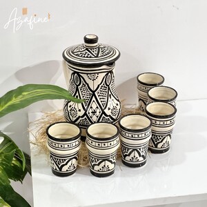 Moroccan Handmade Carafe Set - Handmade Ceramic Drink Set - Ceramic Pitcher & Cups with Traditional Moroccan Motifs - 50oz Artisan Carafe