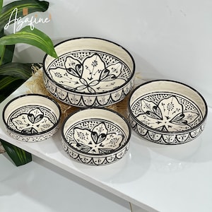Lot de 4 bols marocains faits main en céramique - Bols de service faits main - Motifs marocains noirs et blancs - Ustensiles de cuisine décoratifs et fonctionnels