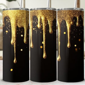 Gold Glitter Dripping Tumbler Wrap Black 20oz Skinny Tumbler Sublimation Design PNG Seamless Sublimation Straight Digital Download Frosting
