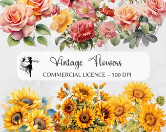 Vintage Flower PNG Bundle | Retro Floral Clipart | Watercolor Botanical Flowers | Transparent Background Sublimation PNGs | Digital Download