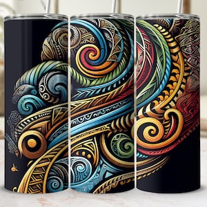 May include: Three stainless steel tumblers with a colorful abstract design featuring swirls and patterns in shades of blue, green, yellow, orange, and red. The design is reminiscent of Polynesian or Maori art.