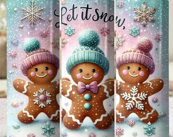Pastel Christmas Gingerbread Men Tumbler Wrap Winter Holidays Festive Beanie Snow 20oz Tumbler Sublimation Designs Skinny Tumbler wrap PNG