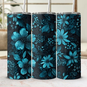Teal Flowers Tumbler Wrap 20oz Skinny Sublimation Design Floral Seamless Tumbler Template, Daisy Dark Floral PNG Digital Download