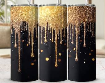 Dripping Gold Glitter Black Tumbler Wrap 20oz Skinny Tumbler Sublimation Design PNG Seamless Sublimation Straight Wrap Digital Download