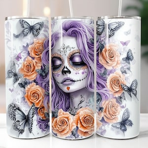 Tag der Toten Becher Wrap 20 Unzen Skinny Tumbler Pfirsich Lila Sublimation Design Dia De Los Muertos Catrina Tumble PNG Digital Download