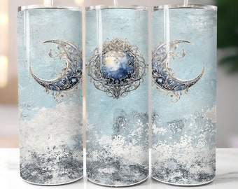 Triple Moon Tumbler Wrap Celestial 20oz Skinny Tumbler PNG Magical Witchy Pagan Sublimation Design Seamless Moon Clipart Triple Goddess Blue