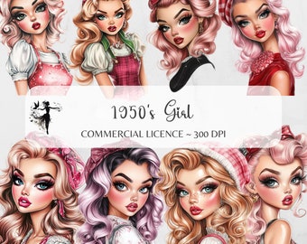 1950s Girl Clipart PNG, Chibi Girl Clipart, Vintage Fashion Clipart, Retro Girl Art, Digital Chibi PNG, Kawaii Girl Clipart, 50s Fashion Art