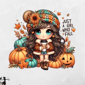 Solo una chica que ama el otoño PNG Clipart de café Diseño de sublimación Linda camiseta de calabaza Verde azulado Popular de moda DTF Taza Amante del café Pegatina Chibi