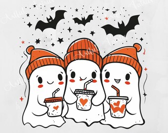 Cute Fall Ghost Coffee PNG Halloween Coffee Clipart Spooky Shirt Sublimation Design PNG Popular Trendy uv DTF Mug Wrap Bats Coffee Lover